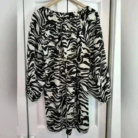 H&M Zebra Print Crepe Dress | black/cream | long balloon sleeves | Small - Picture 2 of 4